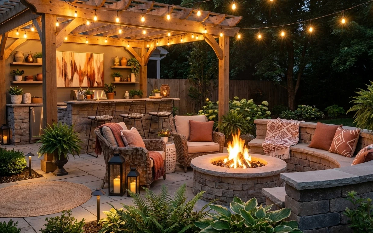 Warm outdoor lounge ring with string lights, wicker chairs, lanterns, stone fire pit, and framed wall art
