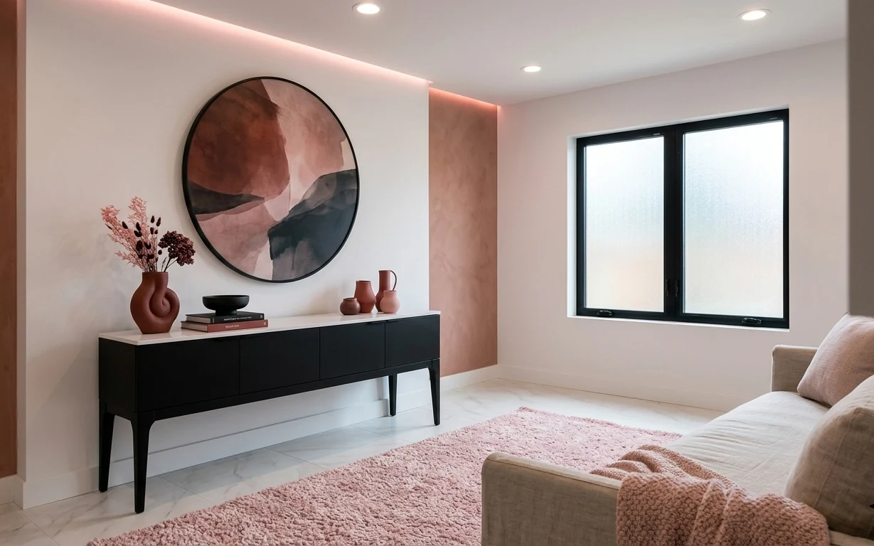 Sofa beside a pink textured rug with an oval black-framed wall art and styled terracotta console