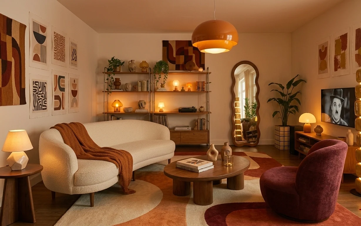 Warm amber living room with cream sofa, brown throw, maroon armchair, wood coffee table, patterned rug, and arched mirror