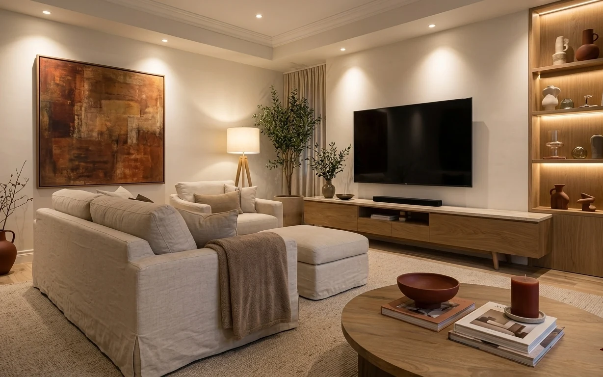 Warm neutral living room with large framed abstract art, beige sofa, area rug, plug-in table lamp, and styled coffee table