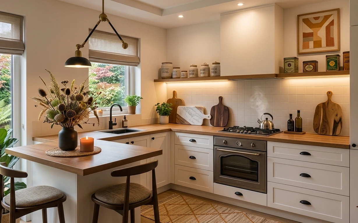 Bright kitchen breakfast nook with a wood table, stools, warm area rug, black vase with dried flowers, and labeled spice jars on shelves.