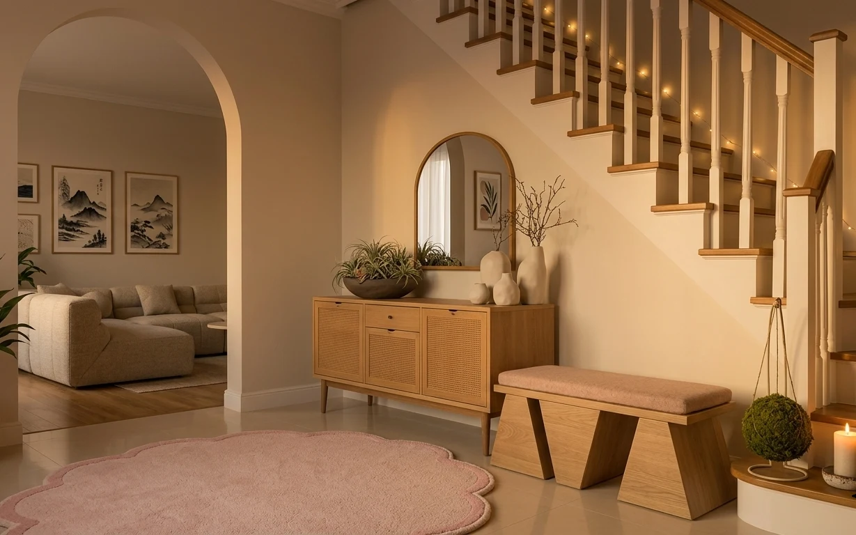 Warm living room with pink round rug, wood sideboard, arched mirror, framed prints, and string lights on stairs