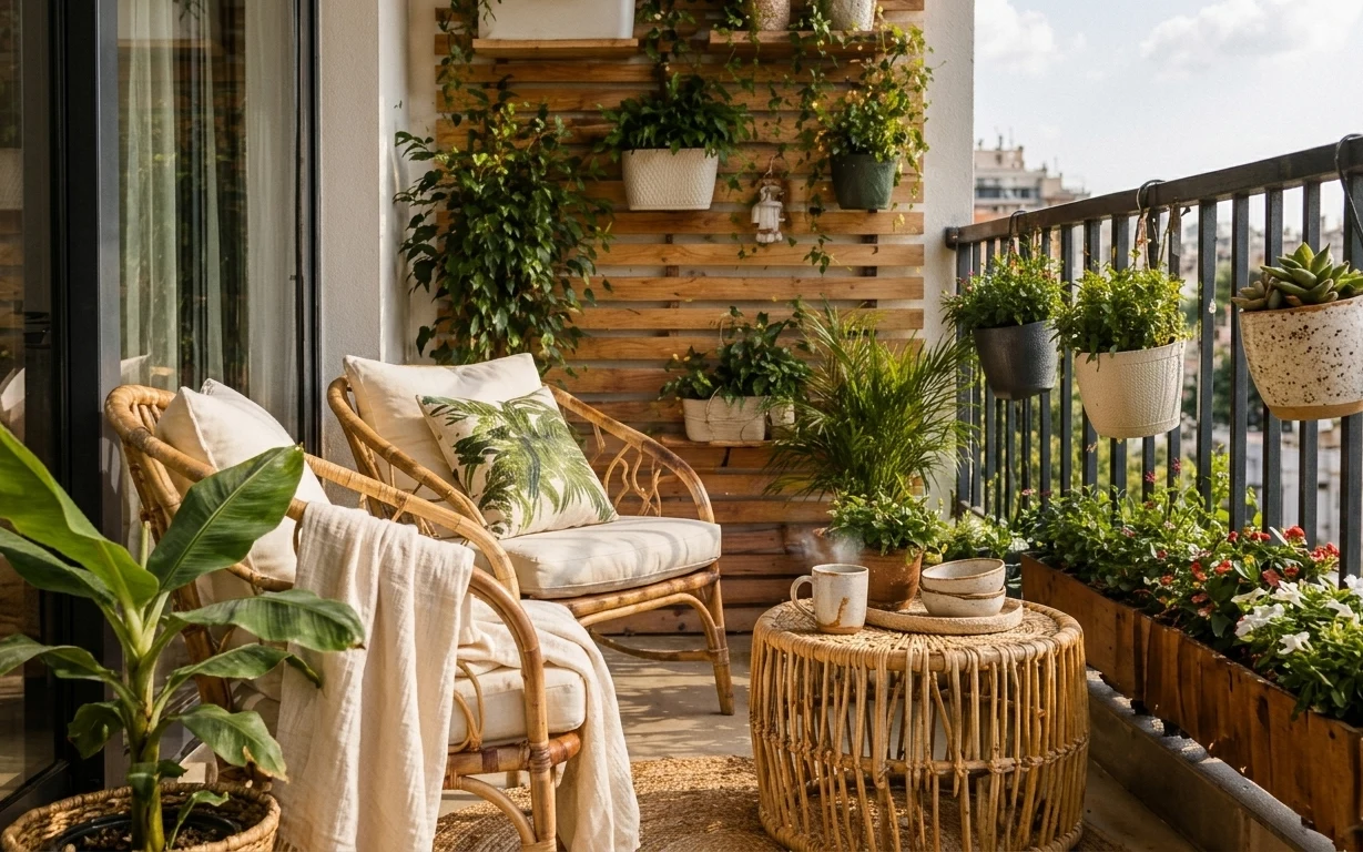 Balcony seating corner with rattan chairs, woven side table, and layered potted greenery along the railing