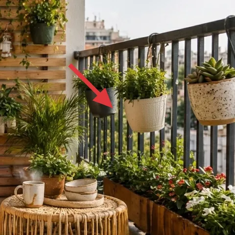 hanging plant planters on the railing