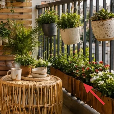 mixed potted plants along the railing