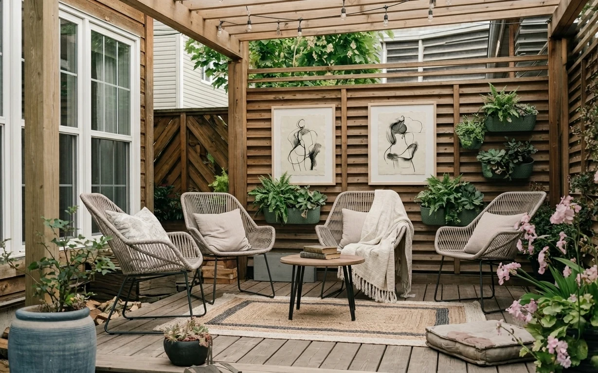 Renter-friendly patio seating area with rattan chairs, cream throws, framed prints, string lights, and layered planters