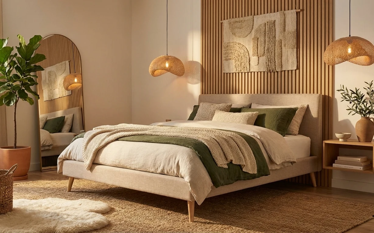 A japandi bedroom with a cream upholstered bed, oak slat wall, olive bedding, fiber wall hanging, two rattan pendants, arched mirror, and fiddle leaf fig.