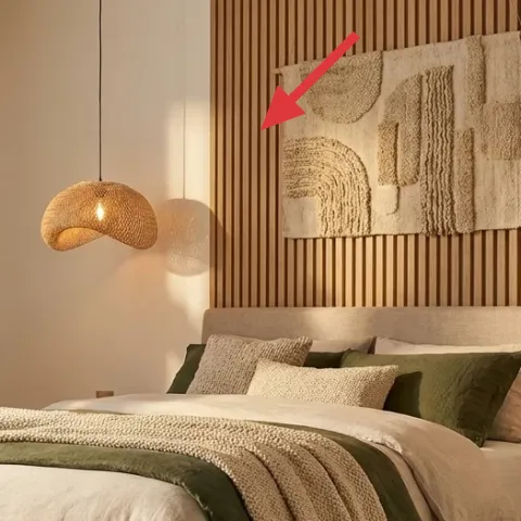 Textured fiber wall hanging above the bed