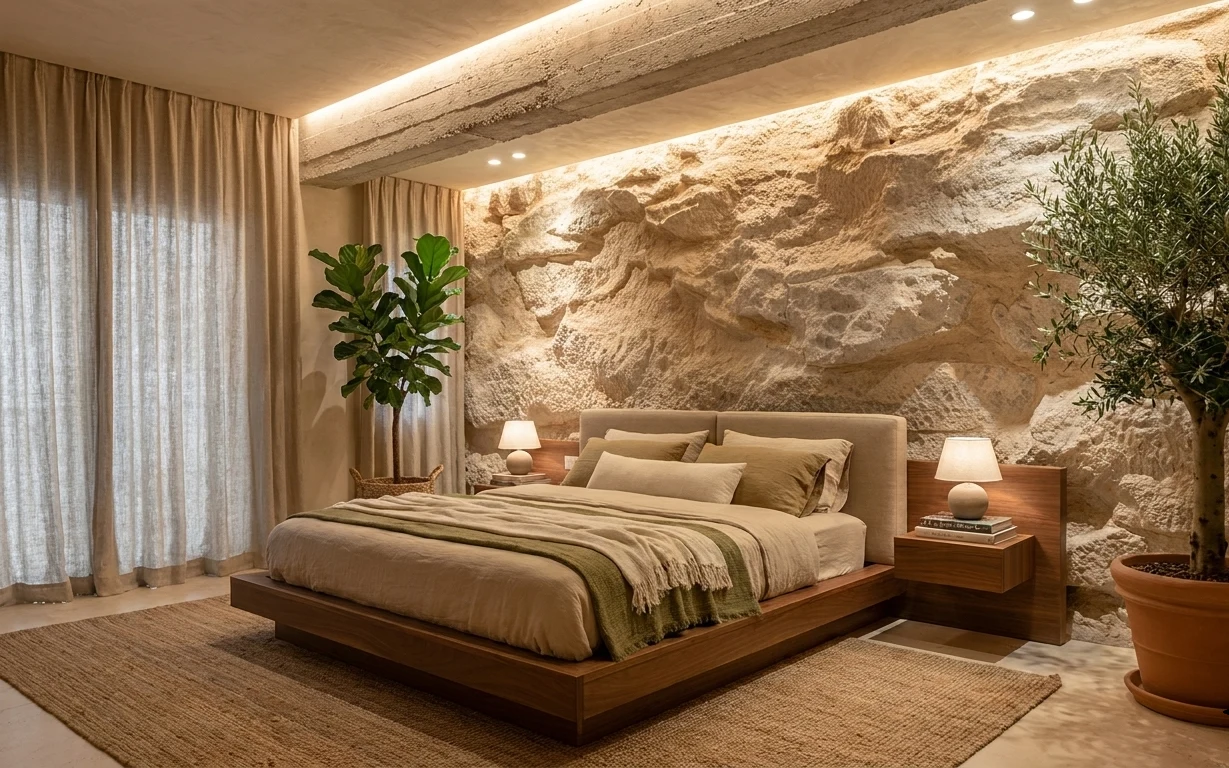 A Mediterranean bedroom with walnut platform bed, cream patterned bedding, olive throw, textured stone wall, fiddle leaf fig and olive tree in terracotta pots, and a jute rug.