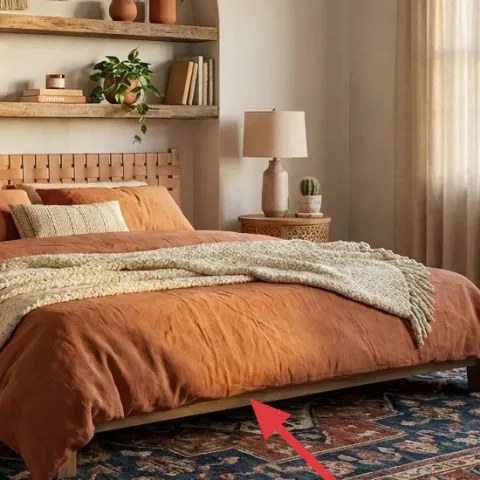 Area rug with blue, rust, and cream pattern