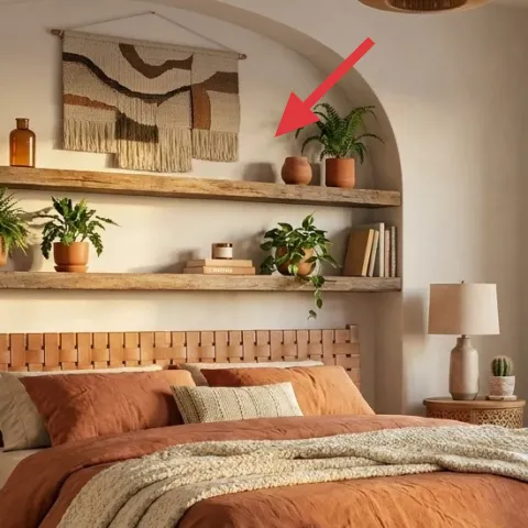 Macramé wall hanging on the arched wall
