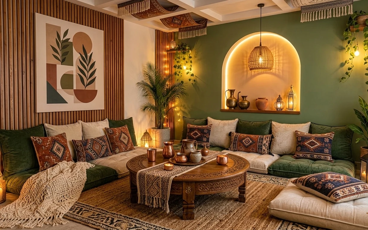 Boho living room nook with green velvet sectional, patterned rug, crochet throw, lantern lamps, botanical wall art, and warm pendant glow