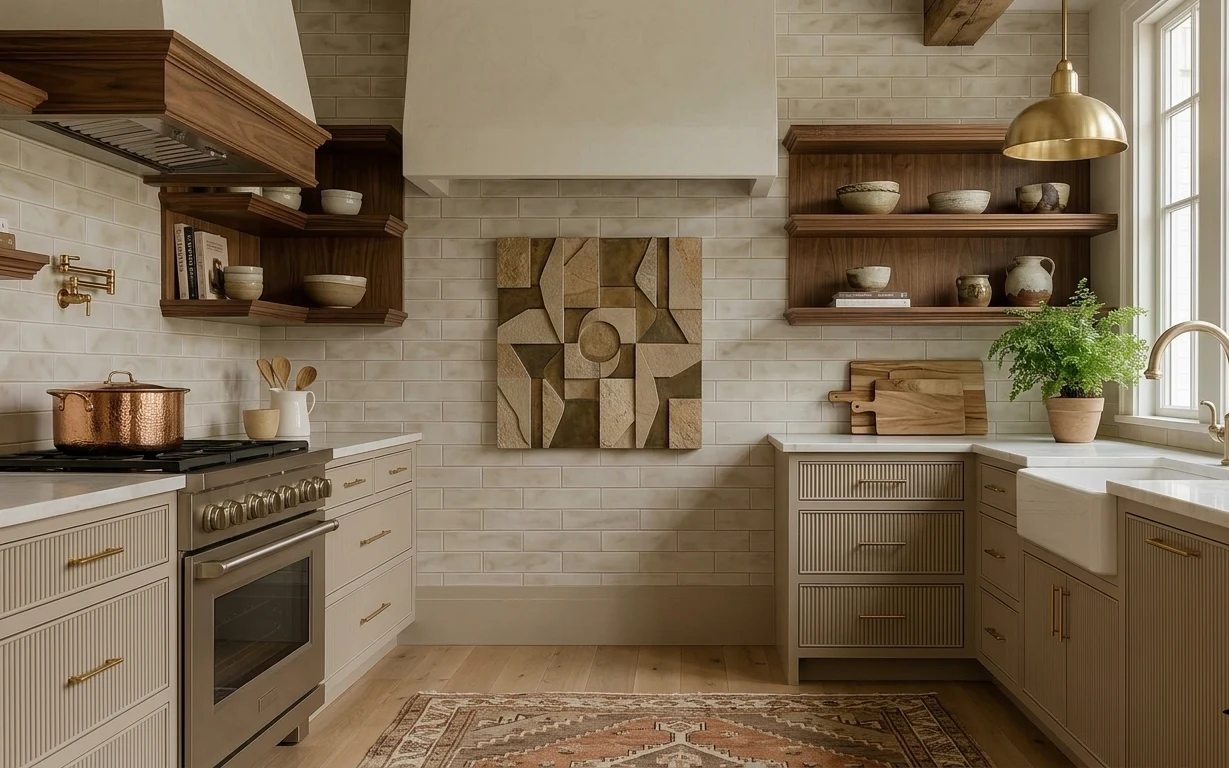 Galley kitchen with neutral tile backsplash, wood floating shelves, brass hanging light, gold cabinet pulls, and patterned rug