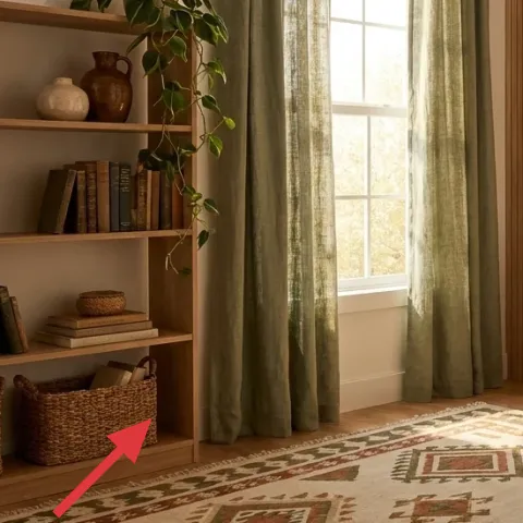 woven storage baskets on bookshelf