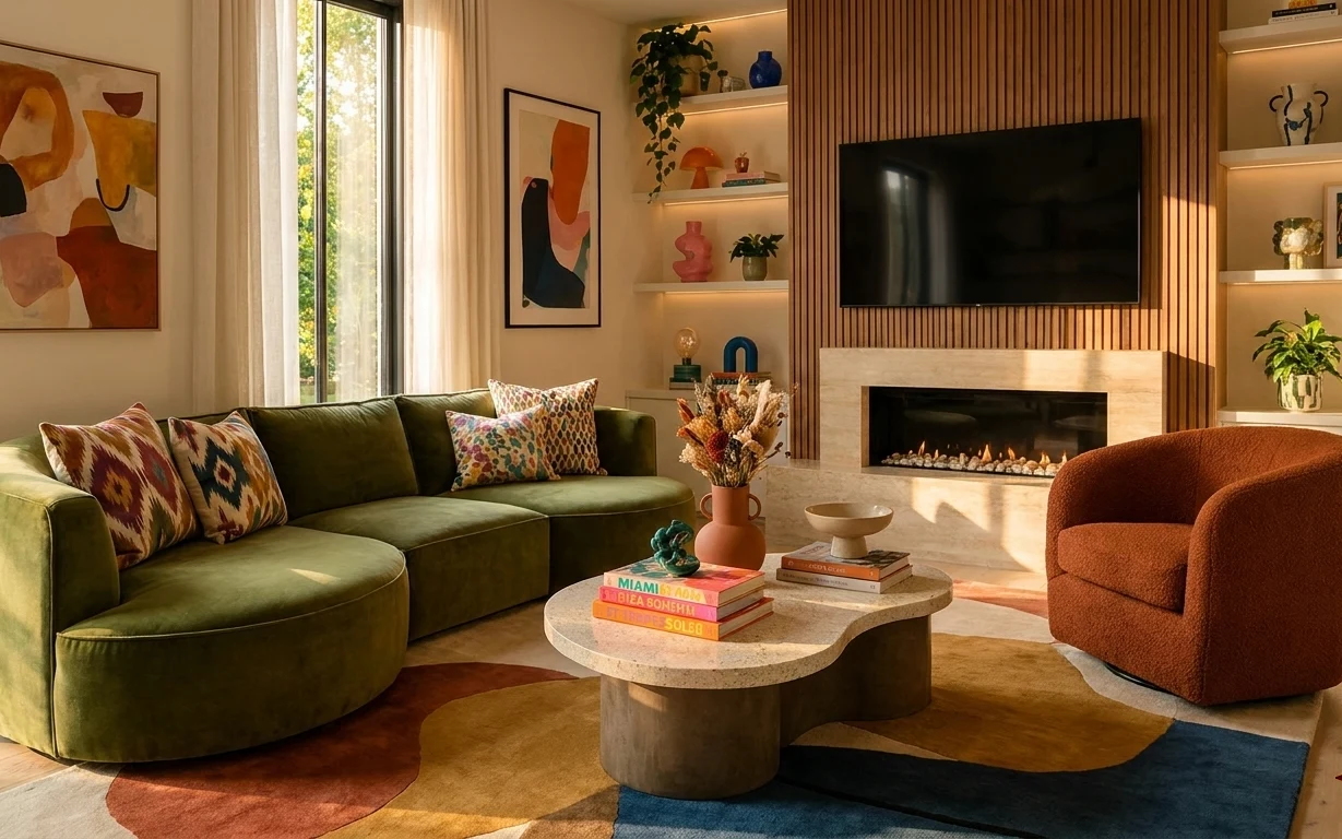 Olive sofa with patterned pillows, rust-and-blue rug, warm lamp on fireplace mantel, round coffee table, and plants