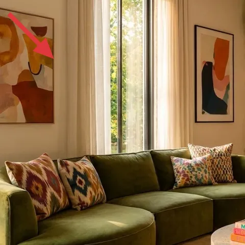 large framed abstract artwork above the sofa (left)