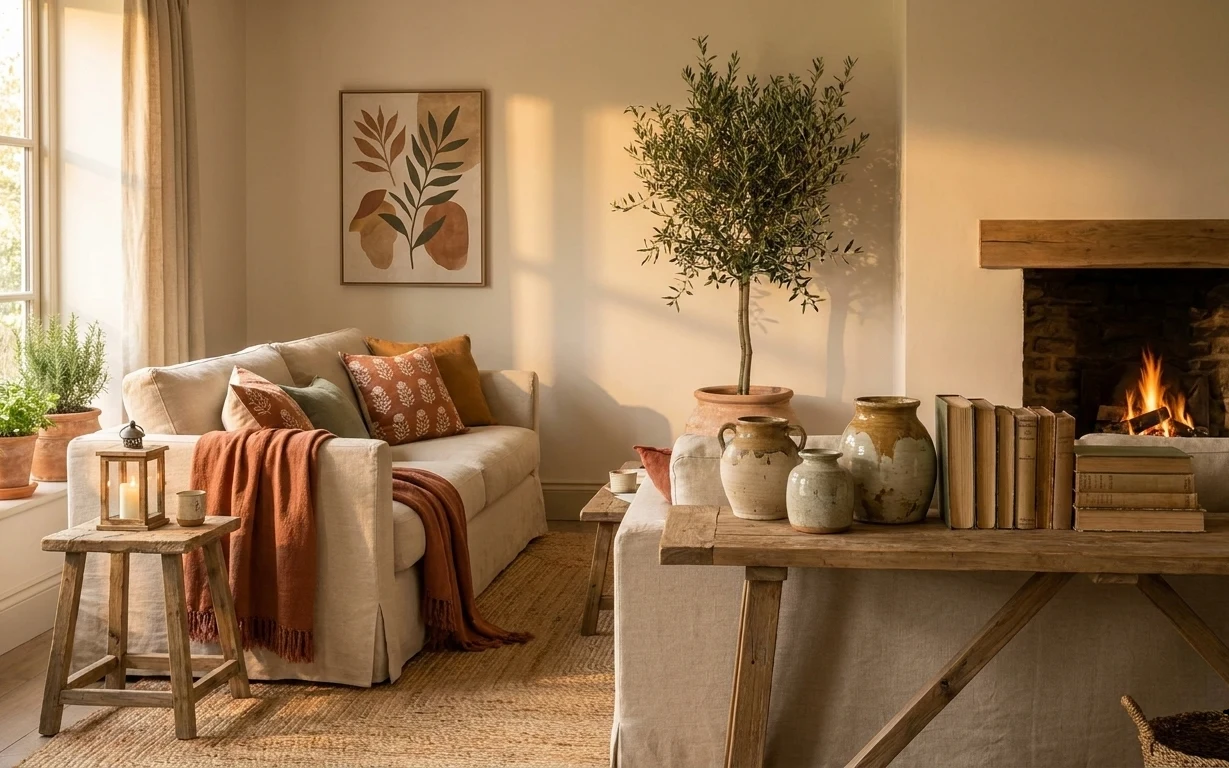 Cozy living room with cream sofa, woven rug, beige curtains, framed botanical art, potted tree, ceramics, and a lit fireplace