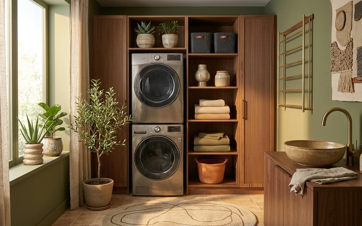 Laundry bathroom nook with stacked washer and dryer, sage walls, wood cabinetry, rug, curtains, and potted plants near a window