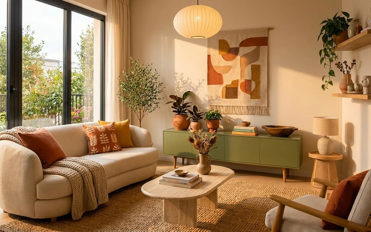 Cozy living room with cream sofa, jute rug, pendant light, plants, and warm abstract wall art