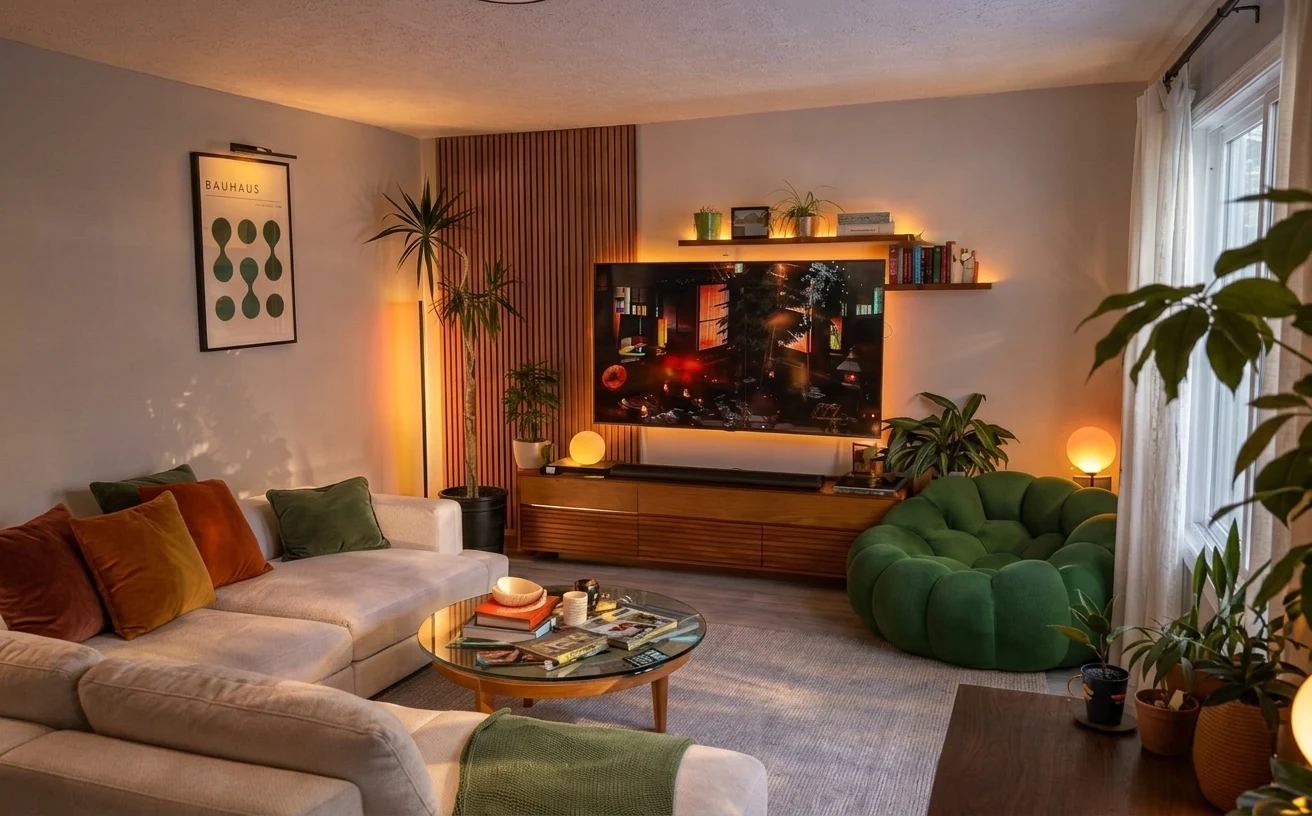 Cozy living room with green tufted sofa, TV wall, round glass coffee table, warm lamp light, rug, plants, and framed Bauhaus print