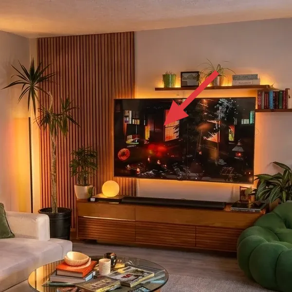 TV centered above a low wood media console with warm slatted wall backdrop