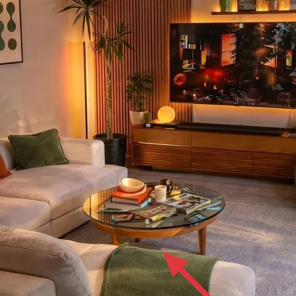 Warm gray woven area rug under the seating and coffee table