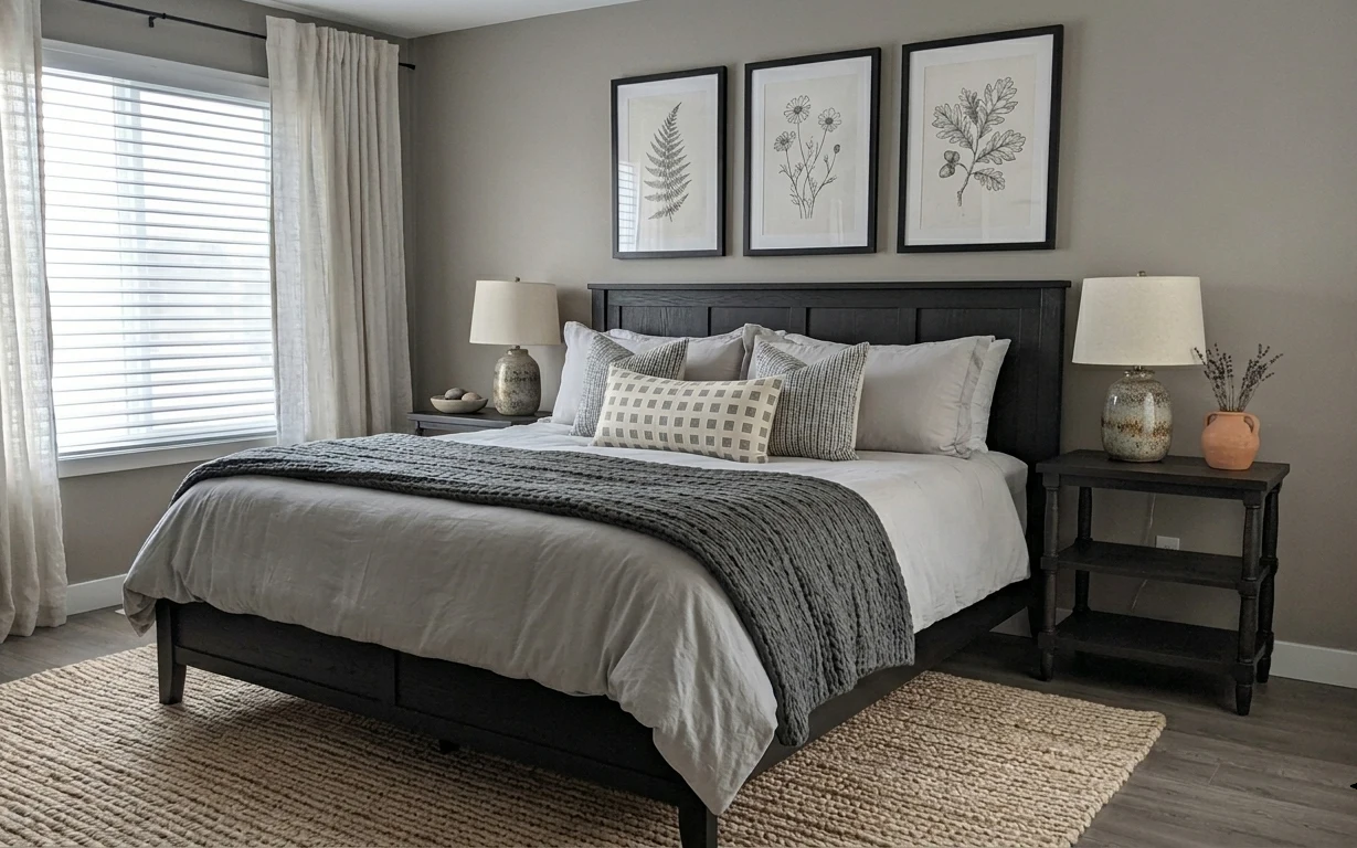 Earthy-neutrals bedroom with dark bed frame, gray knit throw, woven rug, plug-in lamps, and three botanical prints