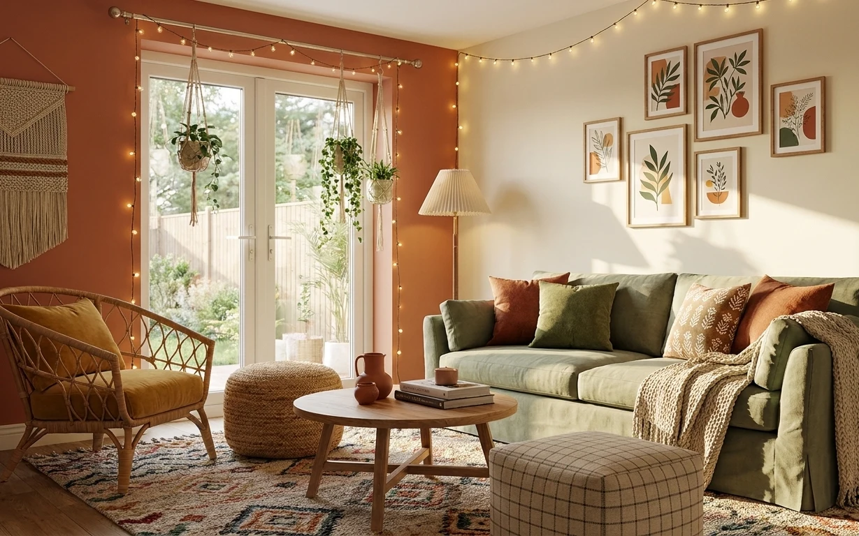 Rust wall living room with sage sofa, patterned rug, macramé wall hanging, framed botanicals, and warm string lights