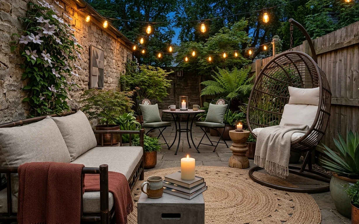 Cozy outdoor patio seating with woven rug, string lights, framed wall art, planters, and a wicker hanging chair