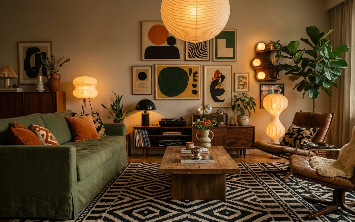 Olive green sofa, patterned rug, warm plug-in lamps, framed abstract wall art, and leafy plants in a living room