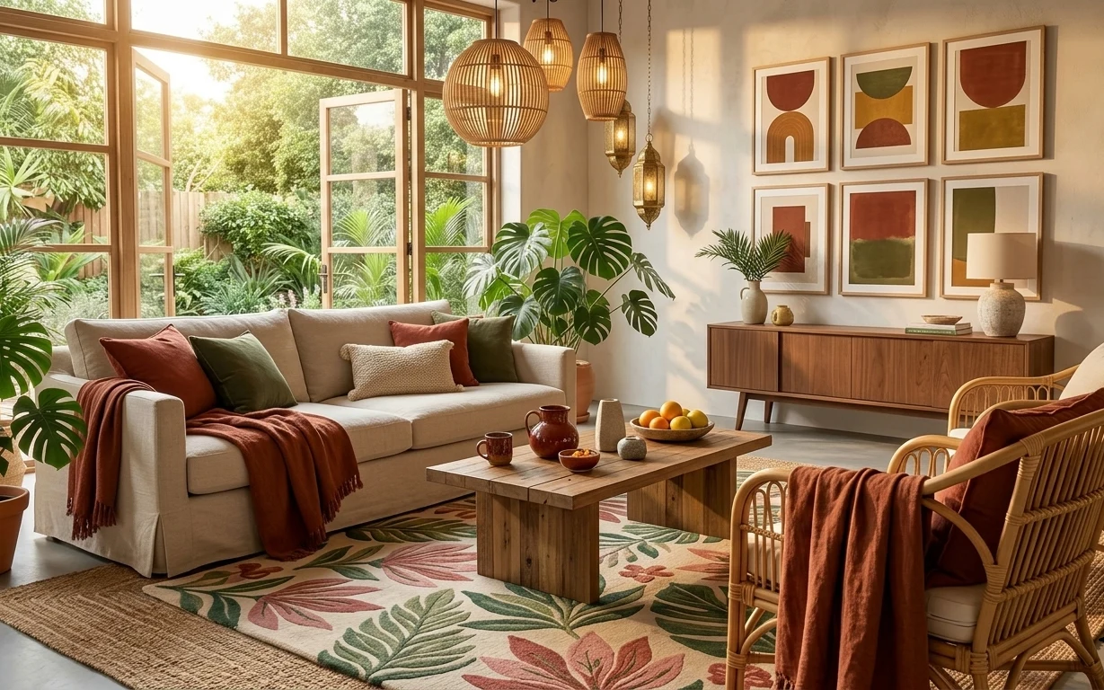 Sunlit living room with cream sofa, botanical rug, rattan chairs, terracotta pillows, framed art, and potted palms