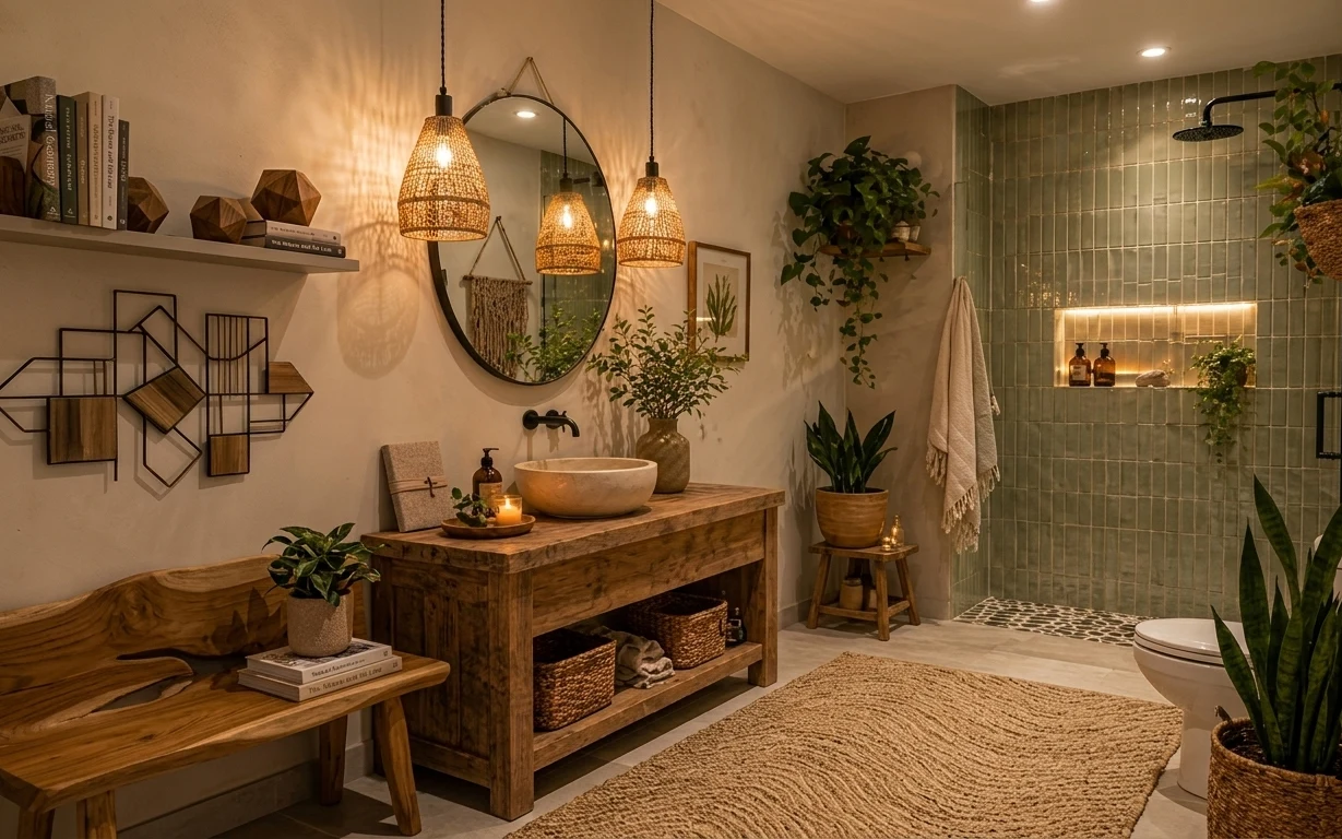 Spa-like bathroom corner with green tiled shower, warm wood vanity, round mirror, shower curtain, plants, and bath rug