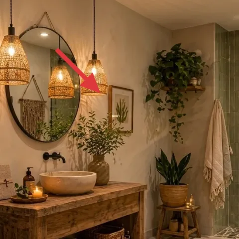 round mirror above vanity
