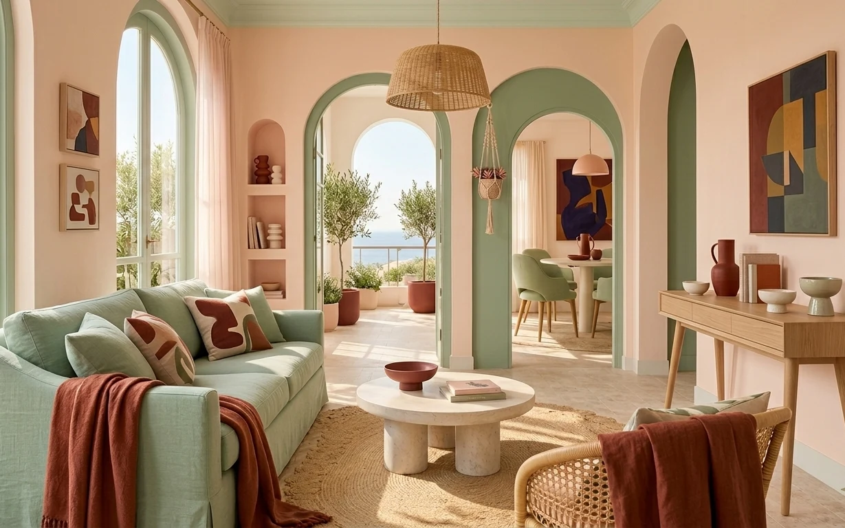 Sunlit living room with green sofa, jute area rug, framed abstract artwork, wood console table, and potted olive trees through arched openings.