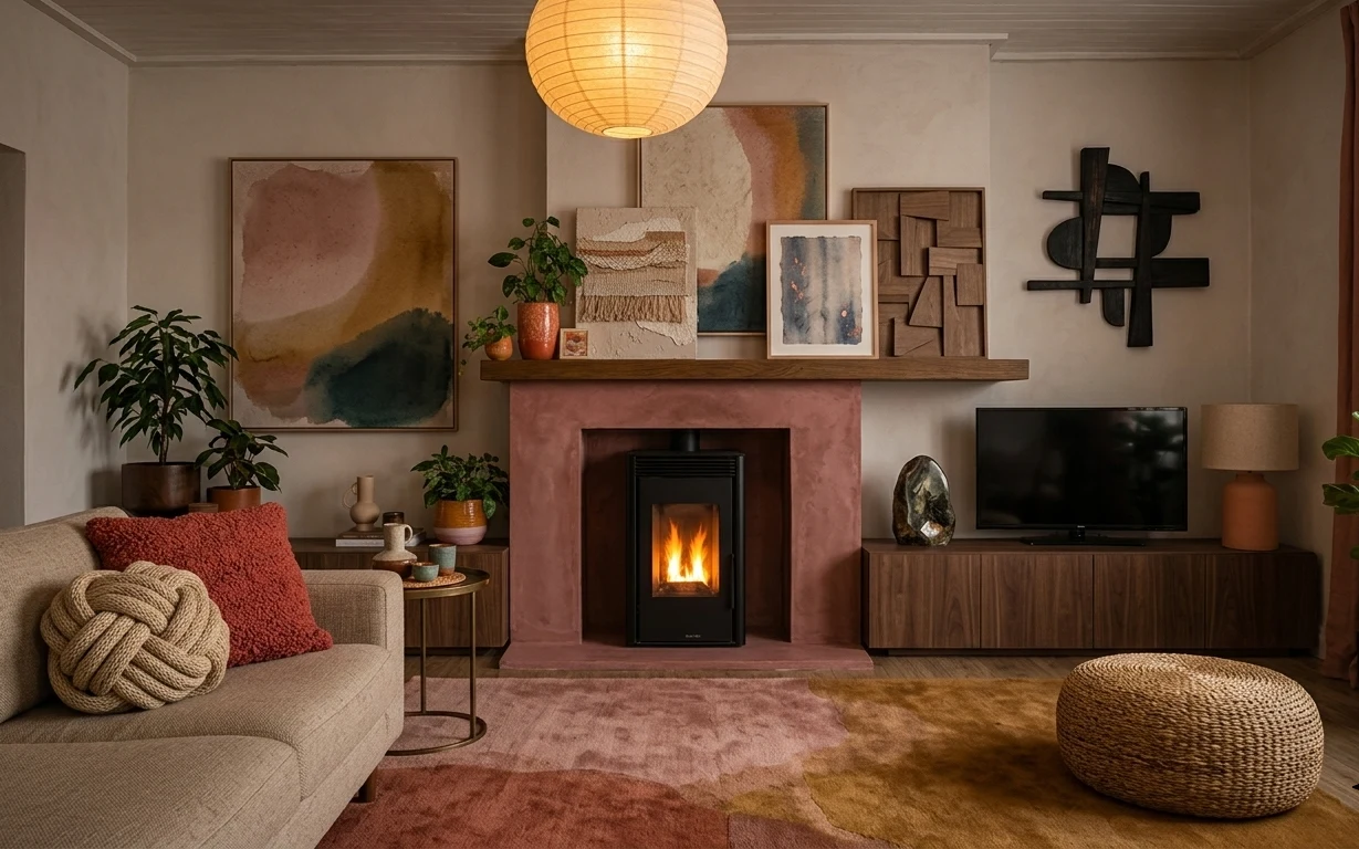 Warm earthy living room with cream sofa, rust-and-olive abstract rug, fireplace, TV console, plants, and globe lamp glow.
