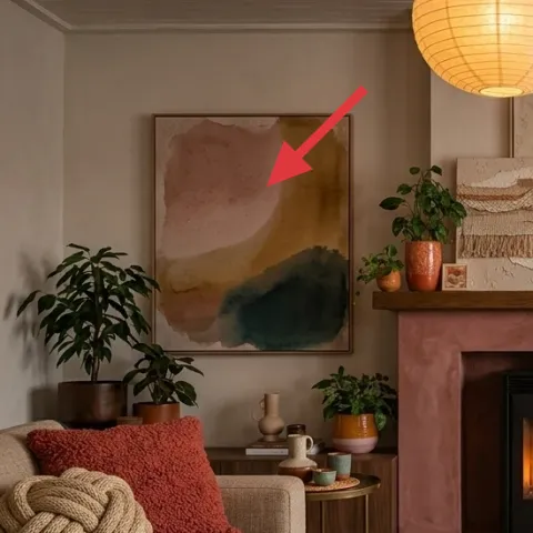 large framed abstract artwork on left wall