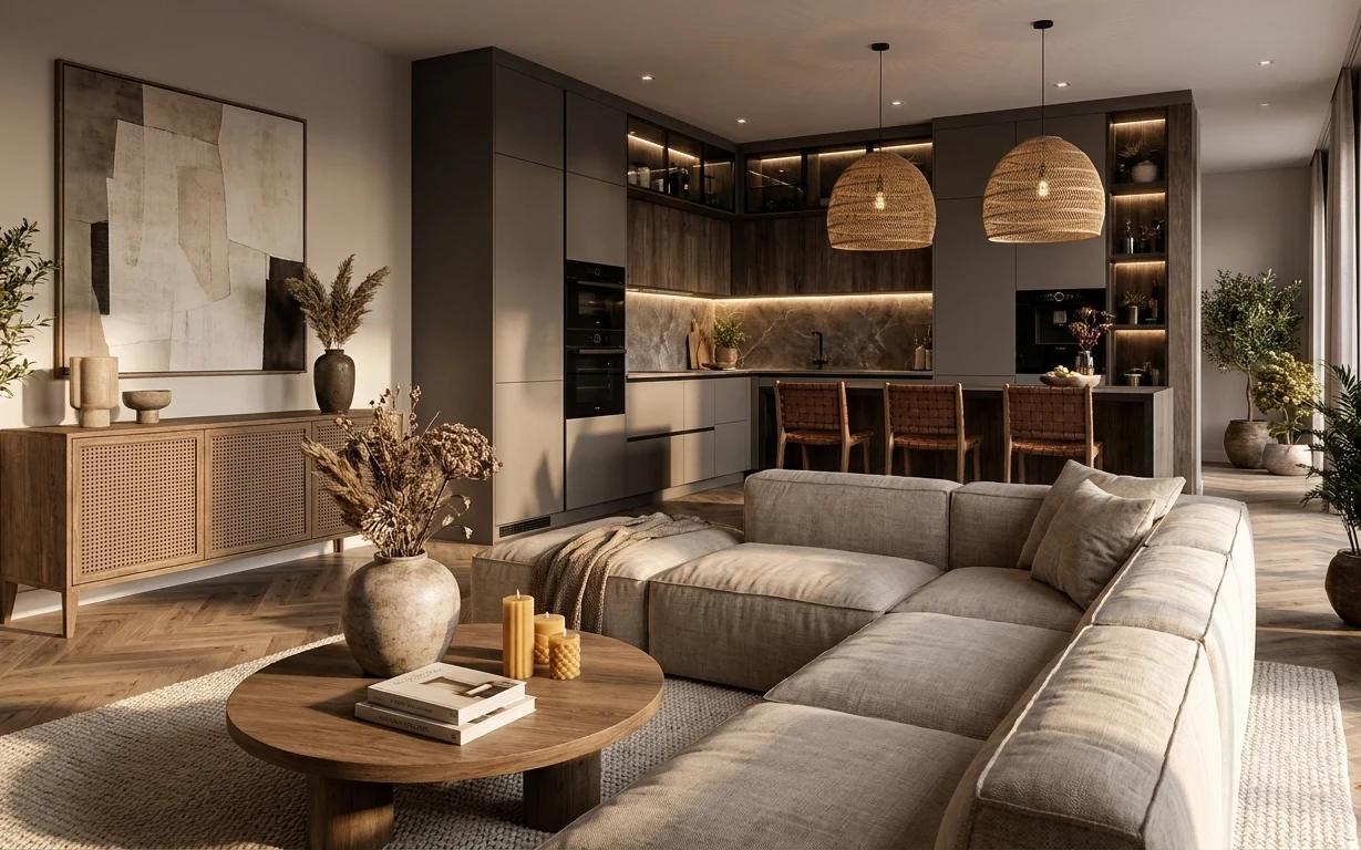 Warm beige and charcoal living room with gray sectional, round wooden coffee table, framed abstract art, and floor plants