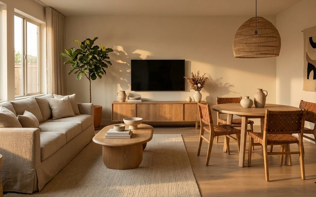 Warm japandi living-and-dining nook with beige sofa, woven rug, round wooden coffee table, and framed abstract art