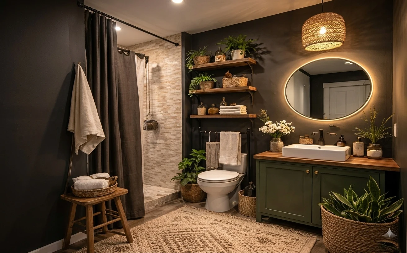 Spa-like bathroom with dark walls, halo round mirror, green vanity, floating shelves, rattan pendant, rug, shower curtain