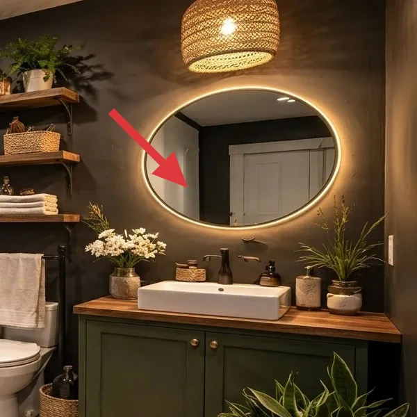 Close-up crop of the glowing round halo mirror on the dark bathroom wall