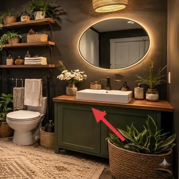 Close-up crop of the green vanity cabinet and sink area under the round mirror
