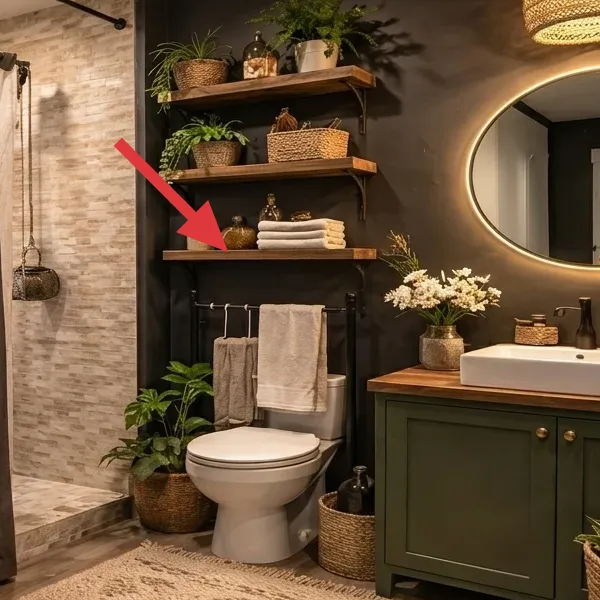 Close-up crop of the floating bathroom shelves with towels, baskets, and small decor