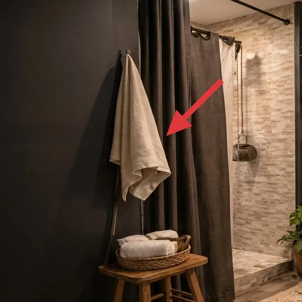 Close-up crop of the shower curtain, hanging rod, and towel styling on the stool