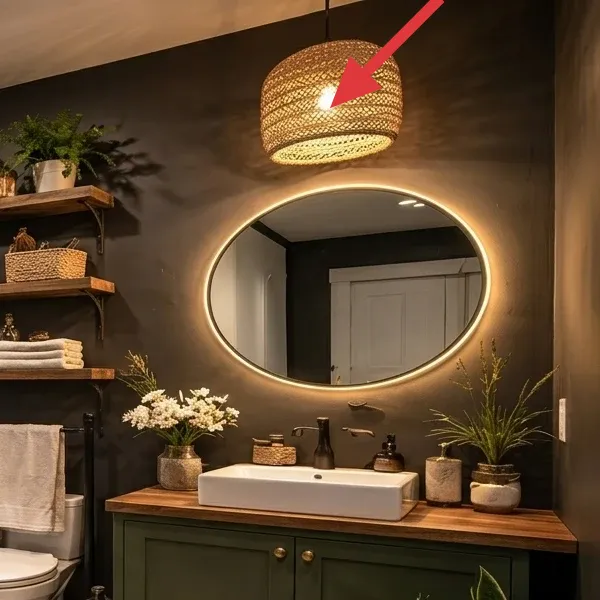 Close-up crop of the rattan pendant light glowing above the vanity area