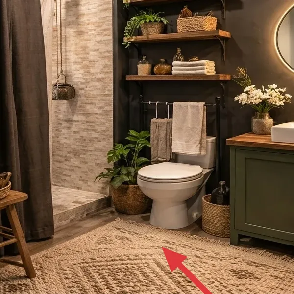 Close-up crop of the patterned area rug covering the bathroom floor
