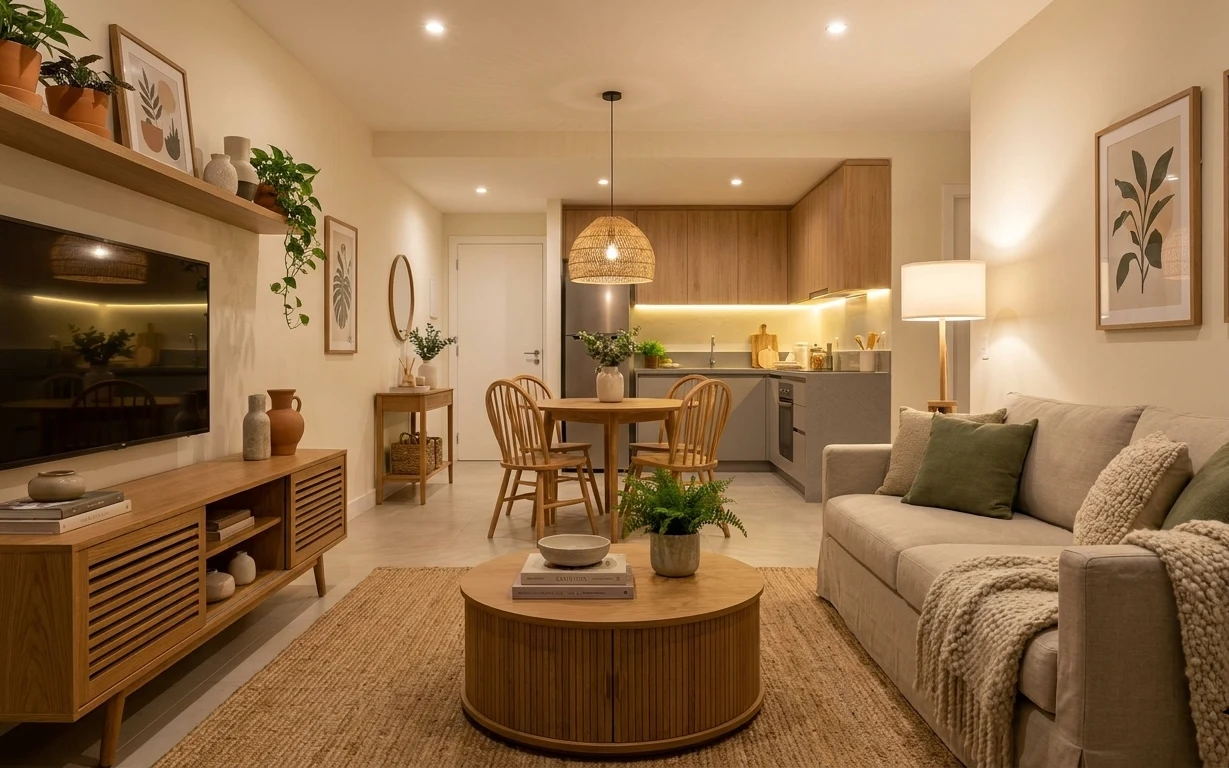 An open-plan living room with cream sofa, olive pillows, brass floor lamp, reeded coffee table, jute rug, and a pair of framed botanical prints.