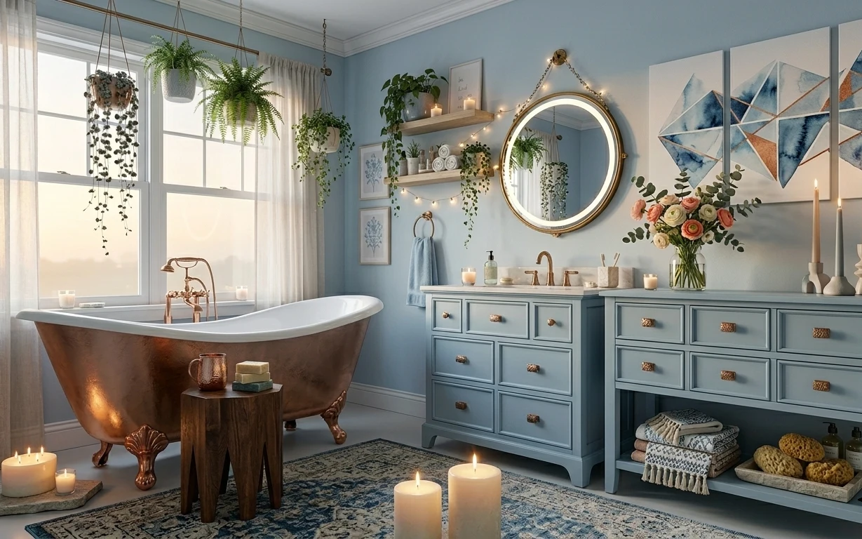 Powder-blue bathroom with double-sink vanity, round brass mirror, patterned rug, candles, and hanging greenery