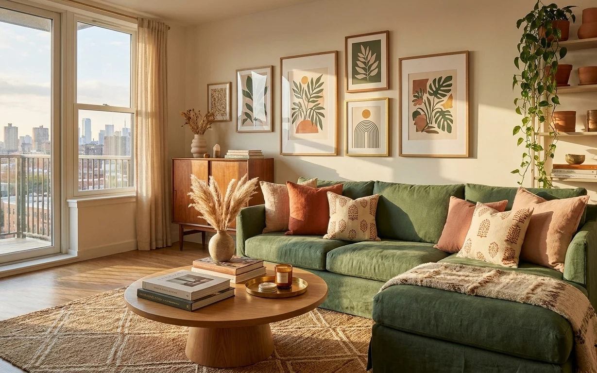 Boho living room with green sofa, patterned rug, botanical framed prints, and trailing plant on shelf by the windows