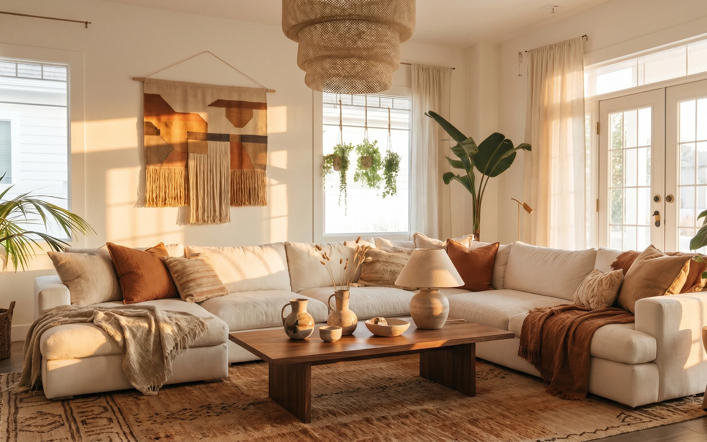 Cream sectional sofa with terracotta pillows, textured rug, curtains, woven tapestry, and warm table lamp in a bright living room