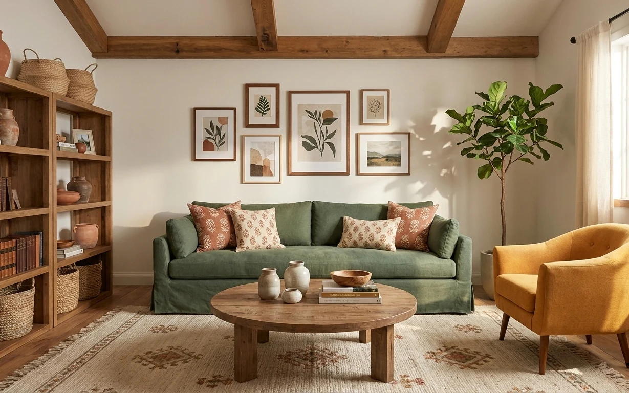 Green sofa with throw pillows, round wood coffee table, patterned rug, botanical framed gallery, and leafy indoor tree in a bright living room